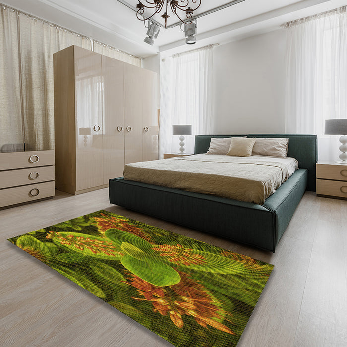 Patterned Dark Yellow Green Rug in a Bedroom, pat1302yw