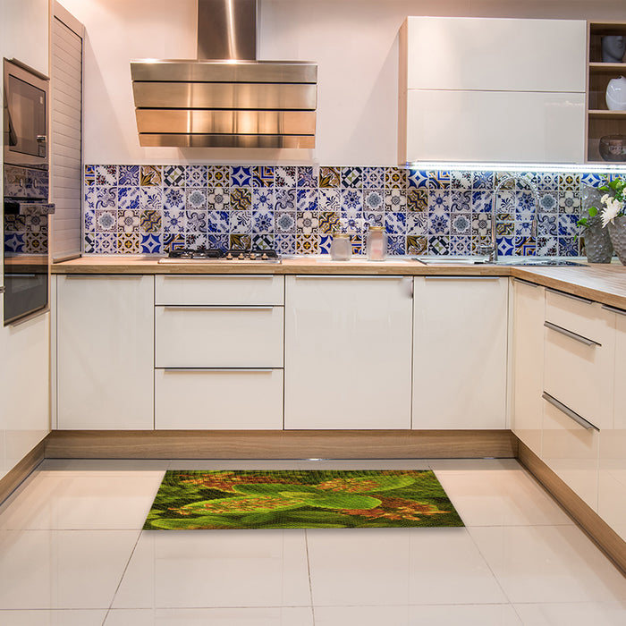 Patterned Dark Yellow Green Rug in a Kitchen, pat1302yw
