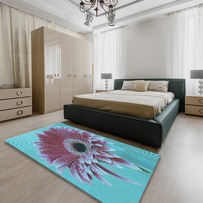 Patterned Bright Turquoise Blue Rug in a Bedroom, pat1303lblu