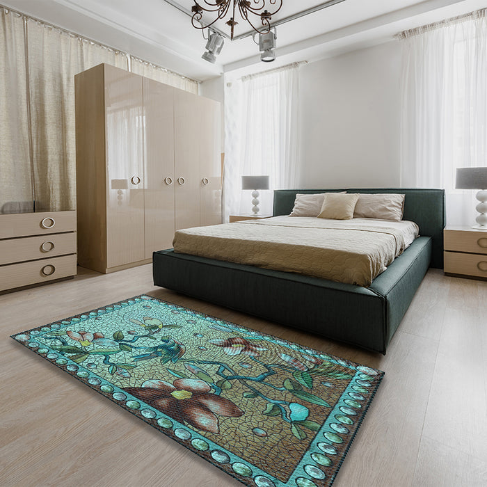 Patterned Green Rug in a Bedroom, pat1306lblu