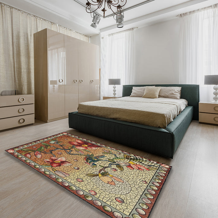 Machine Washable Transitional Brown Green Rug in a Bedroom, wshpat1306