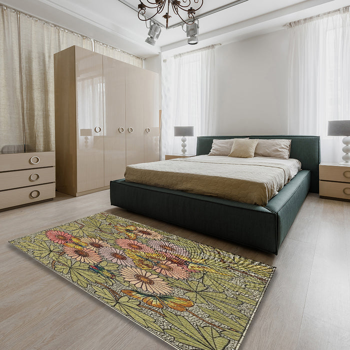 Machine Washable Transitional Brown Green Rug in a Bedroom, wshpat1307