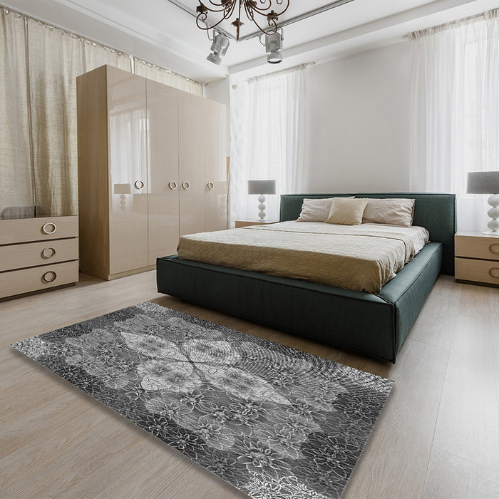 Patterned Dark Gray Rug in a Bedroom, pat1309gry