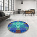 Round Patterned Dark Turquoise Green Rug in a Office, pat1309lblu