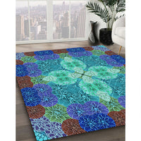 Patterned Dark Turquoise Green Rug, pat1309lblu