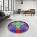 Round Machine Washable Transitional Dark Sea Green Rug in a Office, wshpat1309