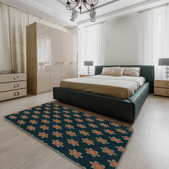 Patterned Midnight Gray Rug in a Bedroom, pat1310lblu