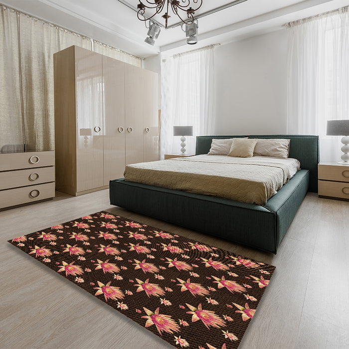 Patterned Black Brown Rug in a Bedroom, pat1317org