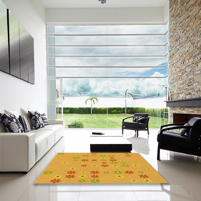 Square Patterned Neon Orange Rug in a Living Room, pat1319yw