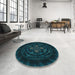 Round Patterned Teal Green Rug in a Office, pat132lblu