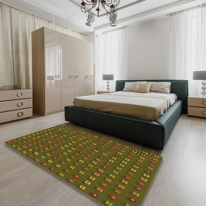 Patterned Dark Yellow Green Rug in a Bedroom, pat1323org