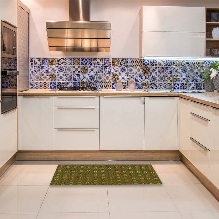 Patterned Dark Yellow Green Rug in a Kitchen, pat1323org