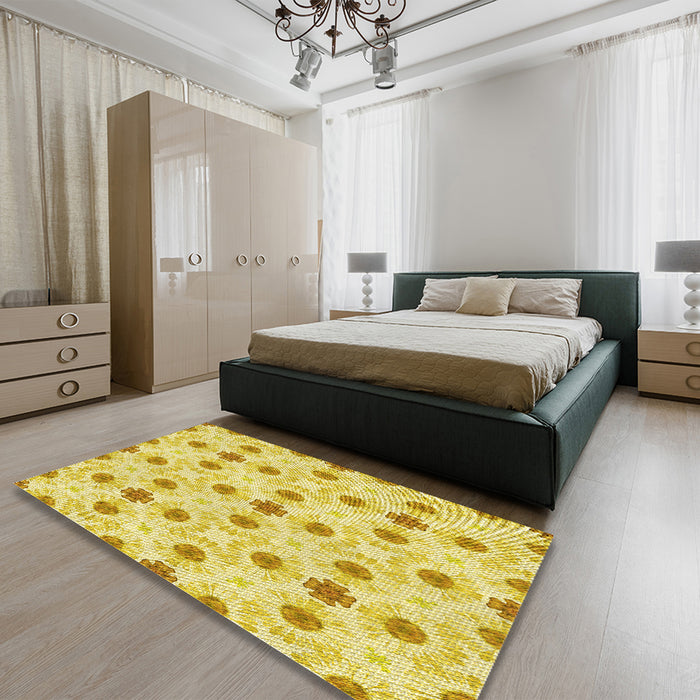 Patterned Yellow Rug in a Bedroom, pat1330yw
