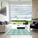 Square Patterned Aquamarine Green Rug in a Living Room, pat1333lblu