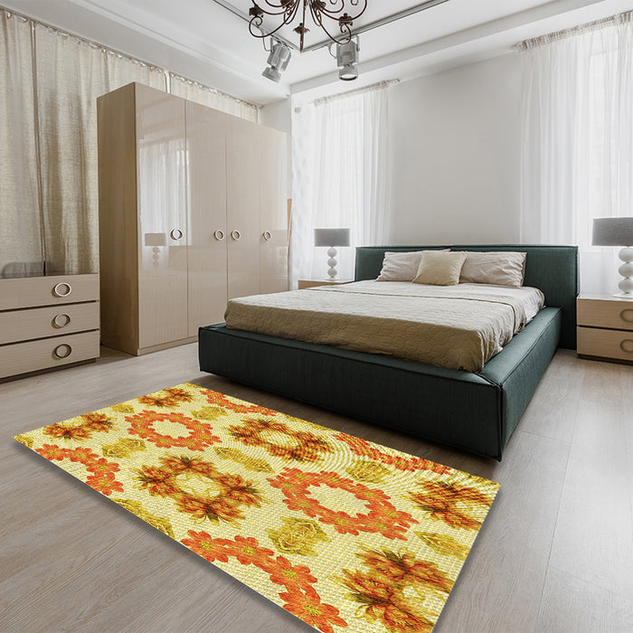 Patterned Neon Orange Rug in a Bedroom, pat1334yw
