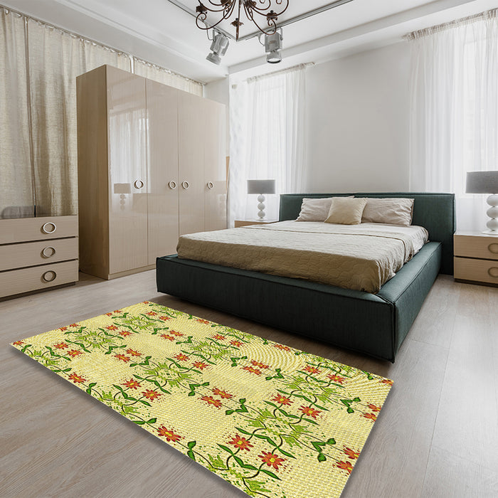 Patterned Dark Golden Brown Rug in a Bedroom, pat1340yw