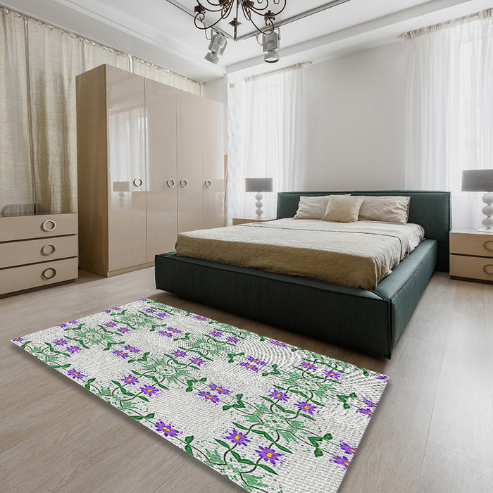 Patterned Light Rose Green Novelty Rug in a Bedroom, pat1340