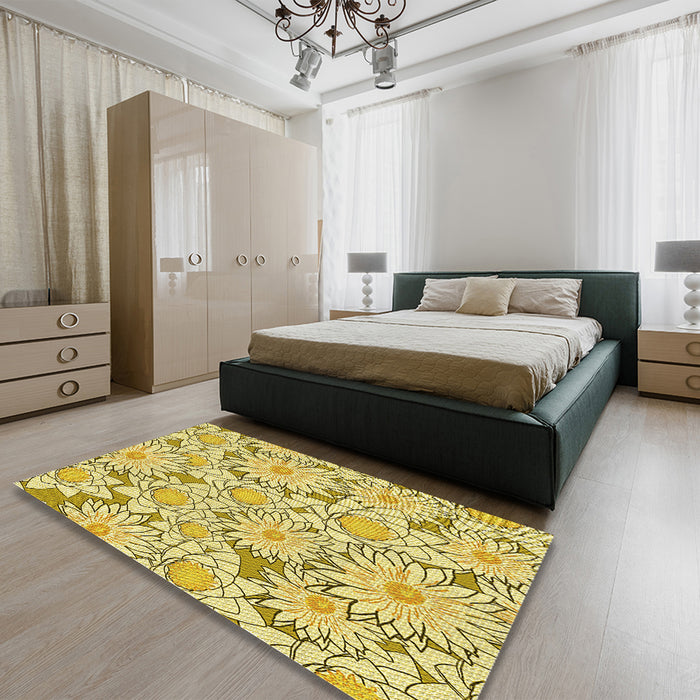 Patterned Dark Golden Brown Rug in a Bedroom, pat1341yw