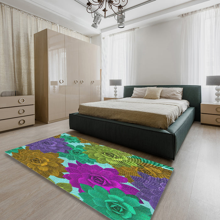 Patterned Green Modern Rug in a Bedroom, pat1342