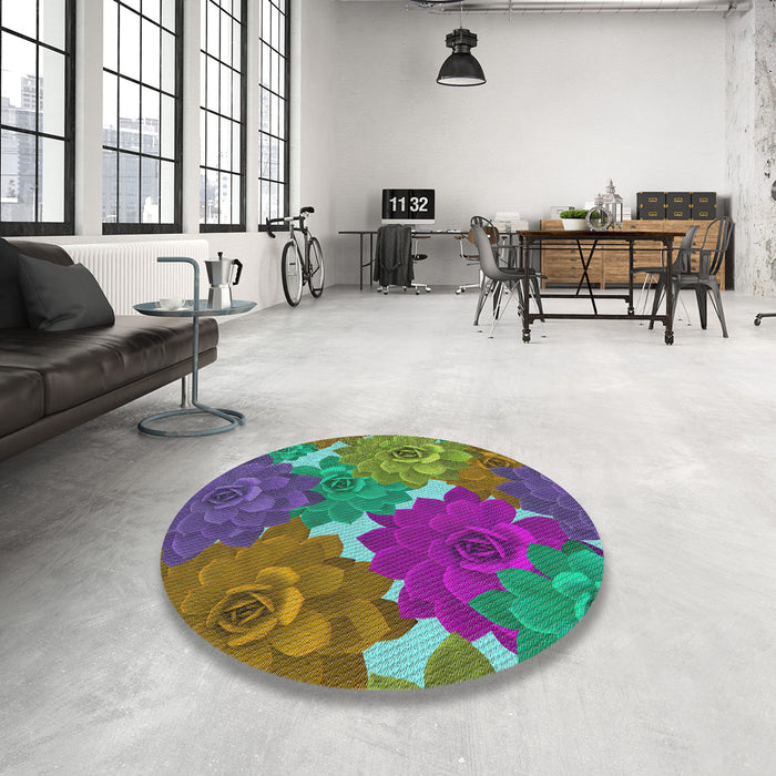 Round Machine Washable Transitional Green Rug in a Office, wshpat1342