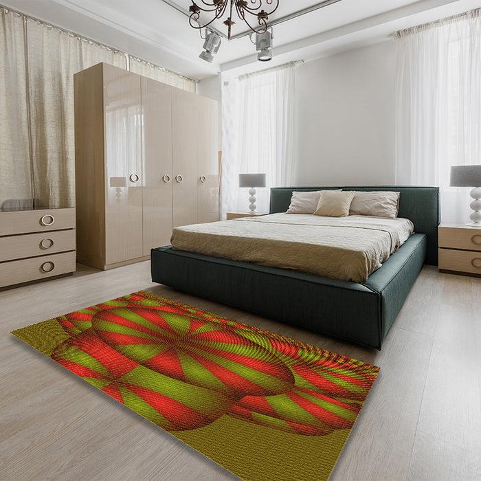 Patterned Dark Yellow Green Rug in a Bedroom, pat1344yw