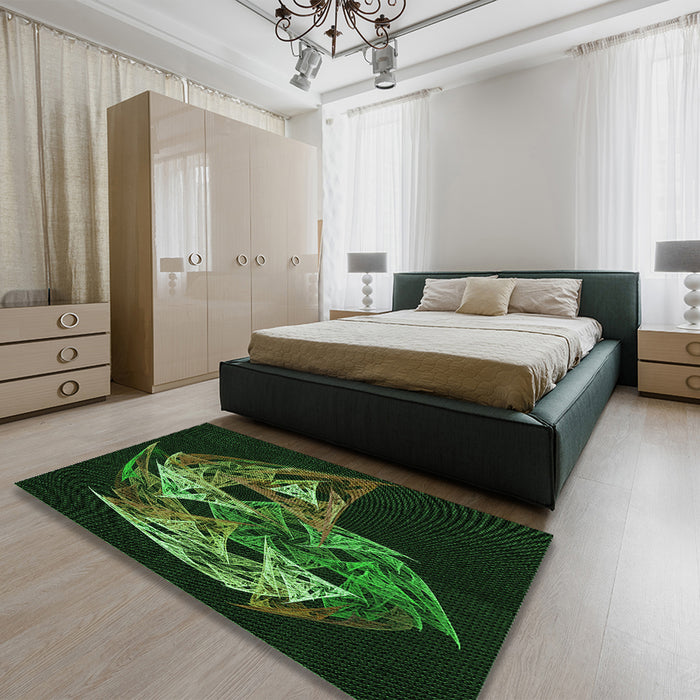 Patterned Dark Lime Green Rug in a Bedroom, pat1345grn