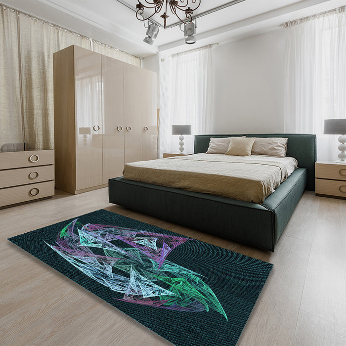 Patterned Aquamarine Stone Green Rug in a Bedroom, pat1345lblu