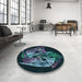 Round Patterned Aquamarine Stone Green Rug in a Office, pat1345lblu