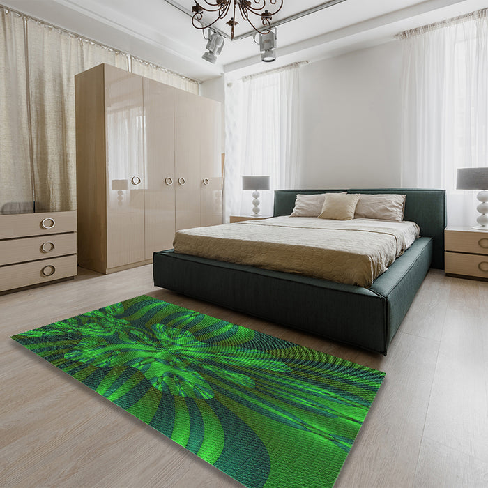 Patterned Dark Forest Green Rug in a Bedroom, pat1346grn