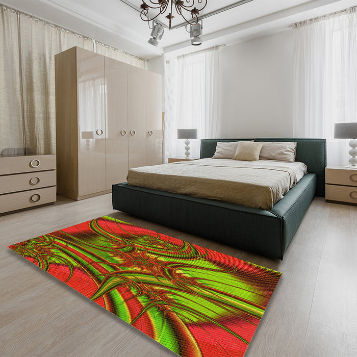 Patterned Dark Yellow Green Rug in a Bedroom, pat1347yw