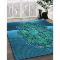 Patterned Dark Turquoise Green Rug, pat1349lblu