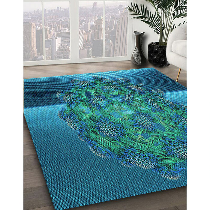 Machine Washable Transitional Dark Turquoise Green Rug in a Family Room, wshpat1349lblu