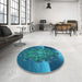 Round Patterned Dark Turquoise Green Rug in a Office, pat1349lblu