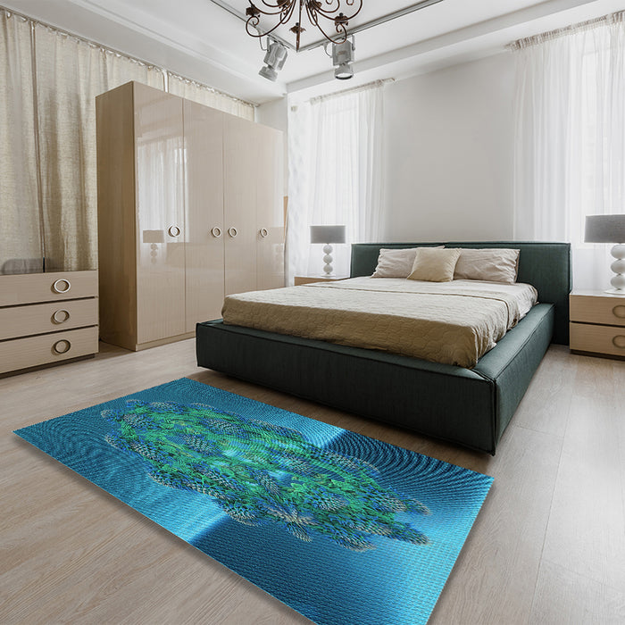 Patterned Dark Turquoise Green Rug in a Bedroom, pat1349lblu