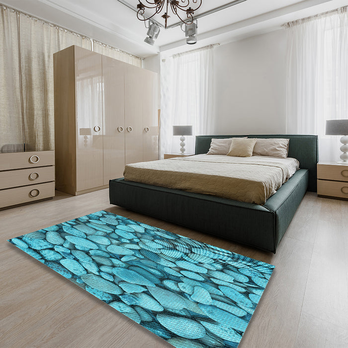 Patterned Dark Cyan Green Rug in a Bedroom, pat135lblu