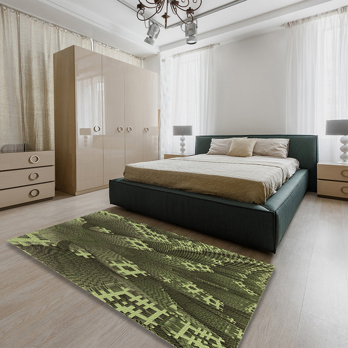 Patterned Olive Green Rug in a Bedroom, pat1350brn