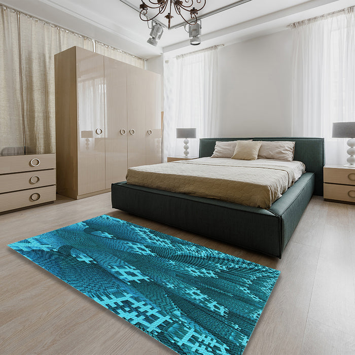 Patterned Medium Teal Green Rug in a Bedroom, pat1350lblu