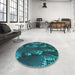 Round Machine Washable Transitional DarkTurquoise Green Rug in a Office, wshpat1350