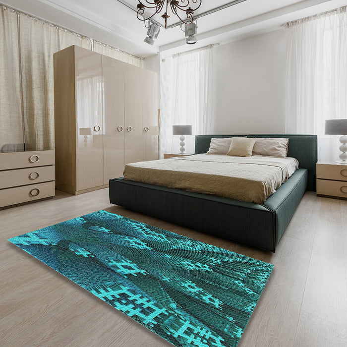 Machine Washable Transitional DarkTurquoise Green Rug in a Bedroom, wshpat1350