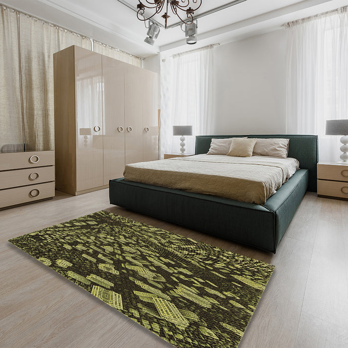 Patterned Dark Yellow Green Rug in a Bedroom, pat1351brn