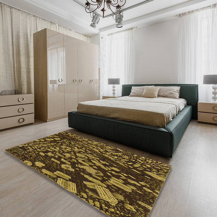 Patterned Black Brown Rug in a Bedroom, pat1351org