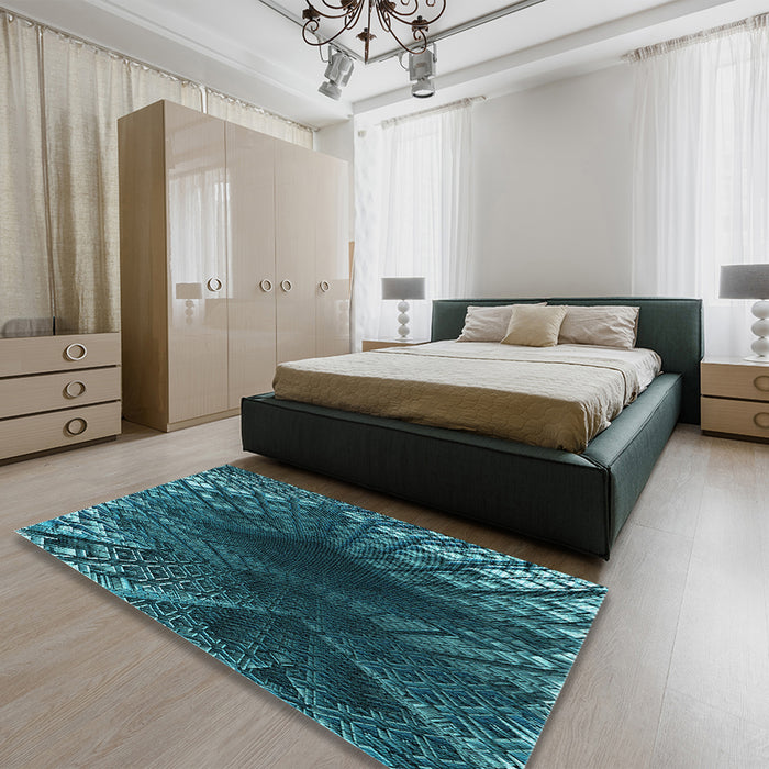 Patterned Deep Teal Green Rug in a Bedroom, pat1352lblu