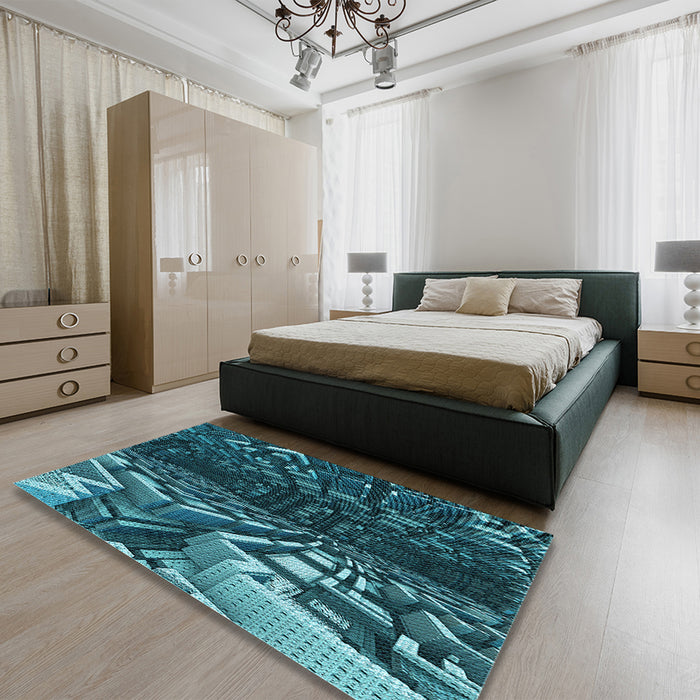 Round Machine Washable Transitional Deep-Sea Blue Rug in a Office, wshpat1353lblu