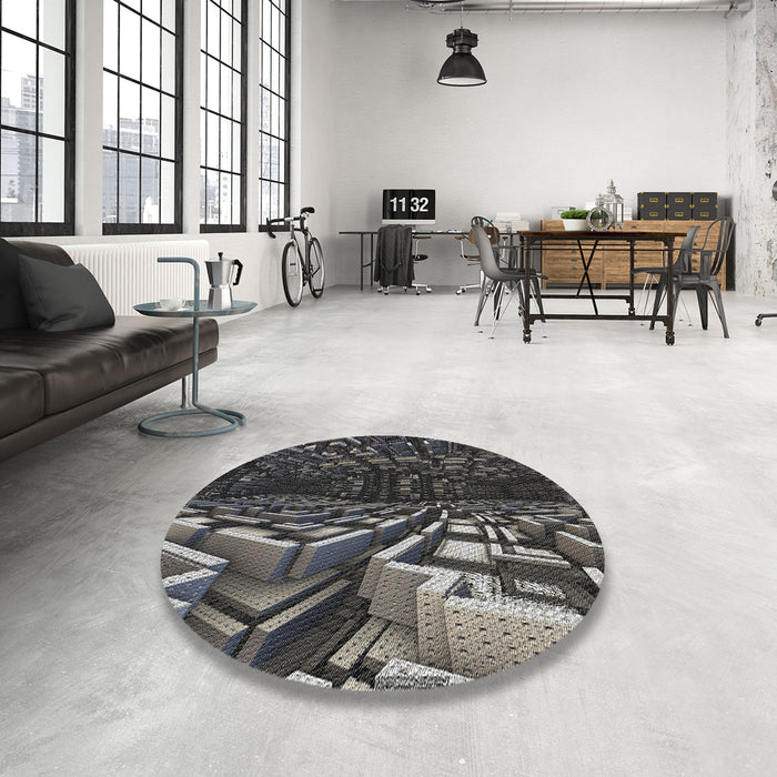 Round Machine Washable Transitional Midnight Gray Rug in a Office, wshpat1353