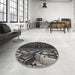 Round Machine Washable Transitional Midnight Gray Rug in a Office, wshpat1353