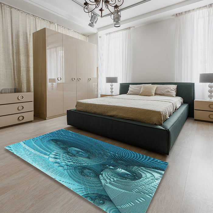 Round Machine Washable Transitional Teal Green Rug in a Office, wshpat1355lblu