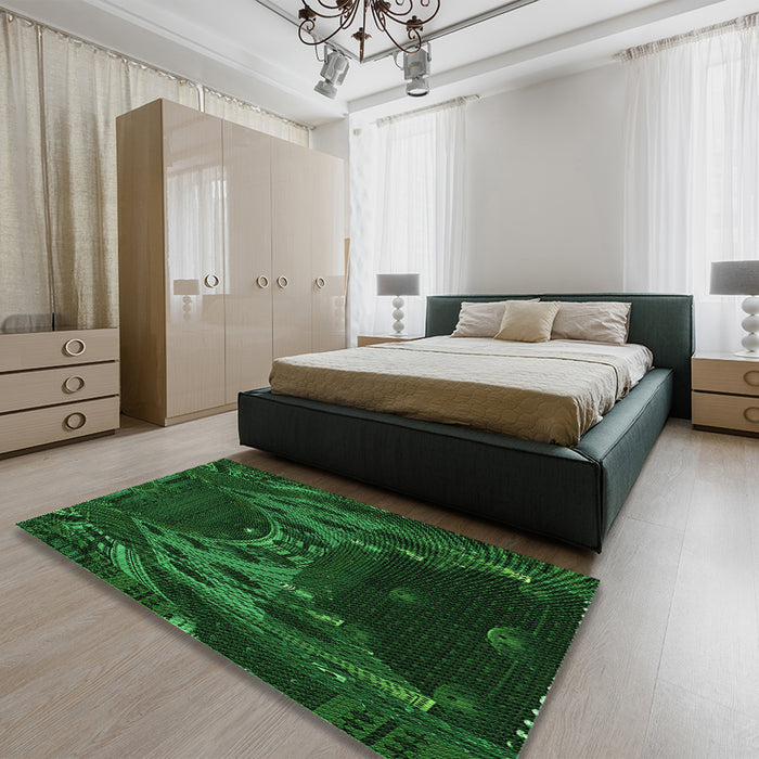 Patterned Dark Forest Green Rug in a Bedroom, pat1356grn