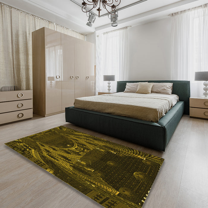 Patterned Dark Yellow Green Rug in a Bedroom, pat1356yw