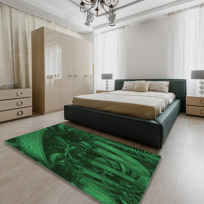 Patterned Dark Forest Green Rug in a Bedroom, pat1357grn