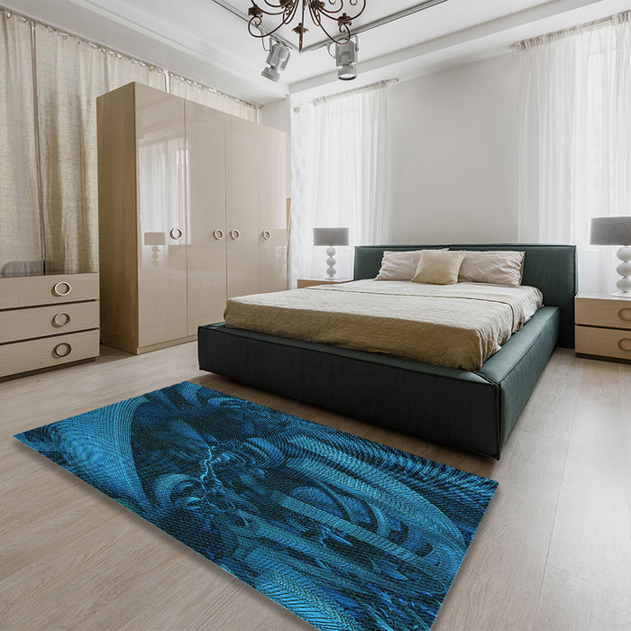 Patterned Deep-Sea Blue Rug in a Bedroom, pat1357lblu